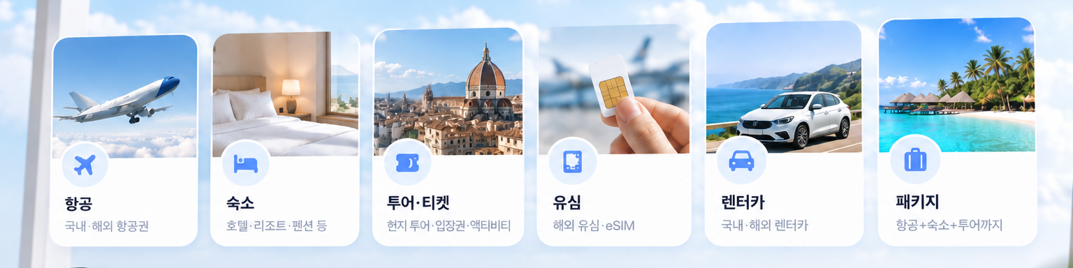 항공, 숙소, 투어·티켓, 유심, 렌터카, 패키지 등 마이리얼트립의 다양한 여행 상품군을 보여주는 이미지