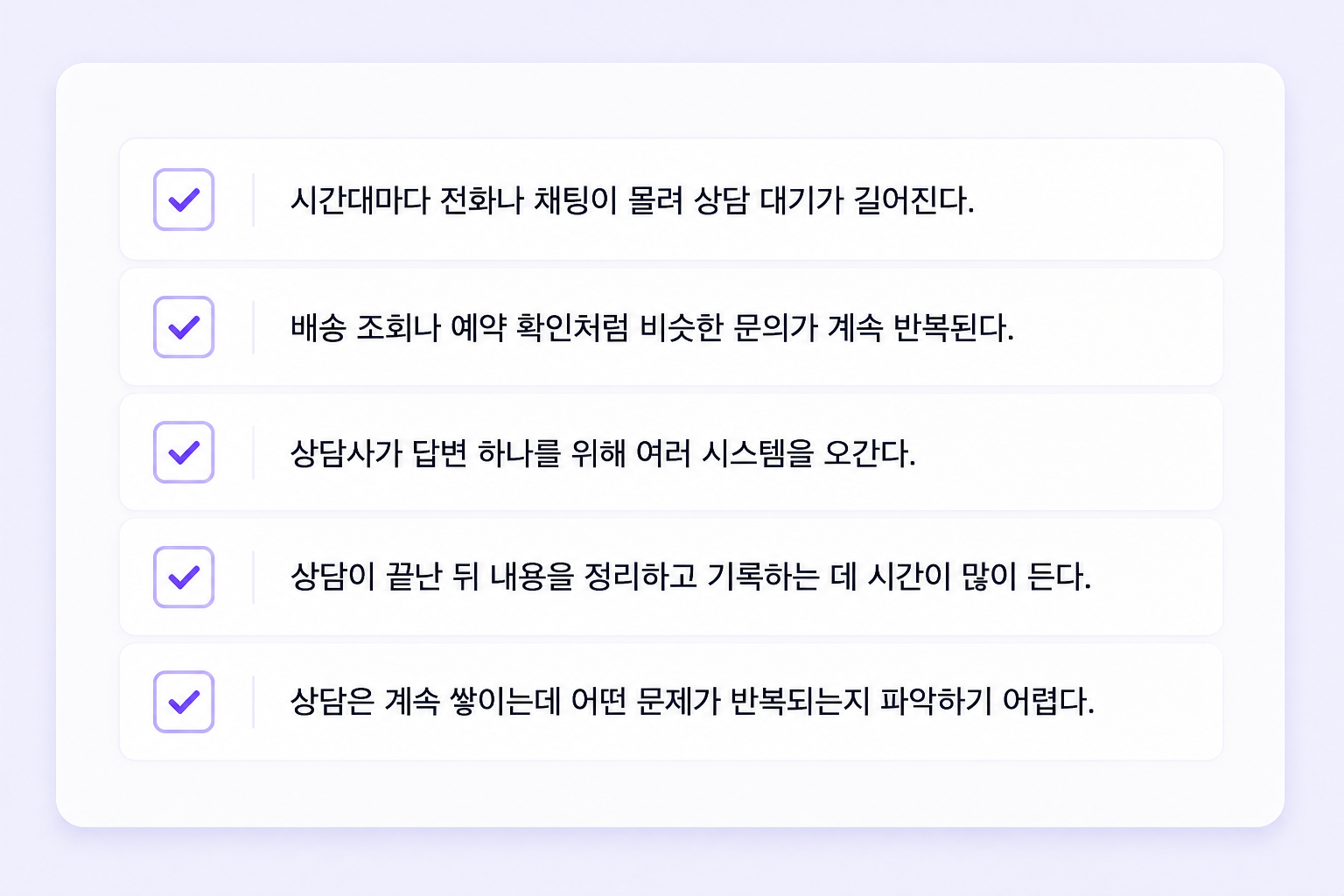 시간대마다 상담 대기가 길어지는지, 비슷한 문의가 반복되는지, 상담사가 여러 시스템을 오가는지, 상담 후 기록에 시간이 드는지, 반복 문제 파악이 어려운지 확인하는 체크리스트